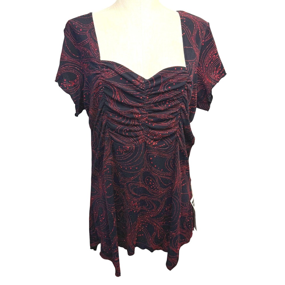 VTG Y2K Fashion Bug 18/20W Whimsygoth Pleated Shirt Black Red Glitter Goth